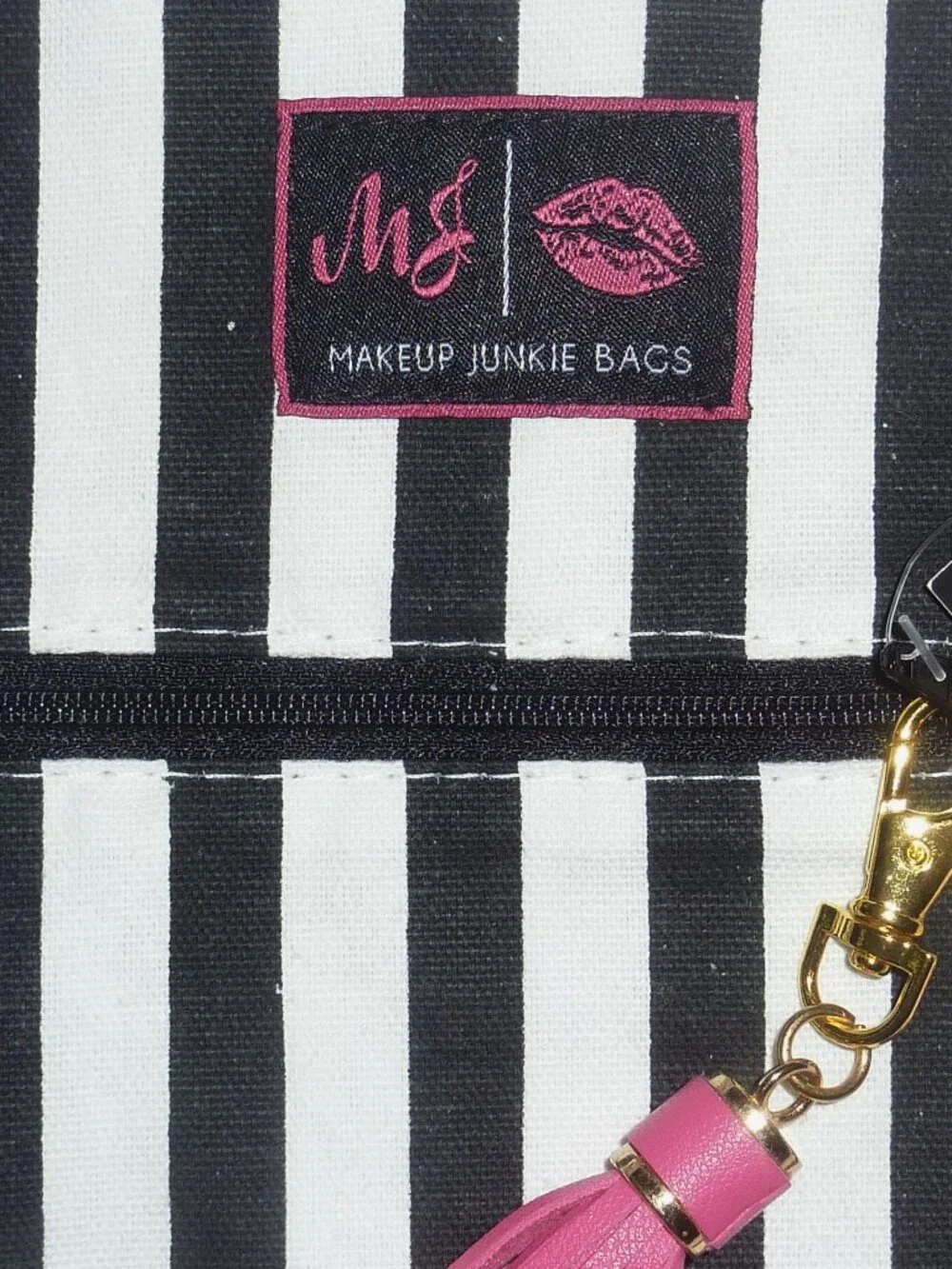 NWT Makeup Junkie Bag Glam Black and White Stripe Zippered
